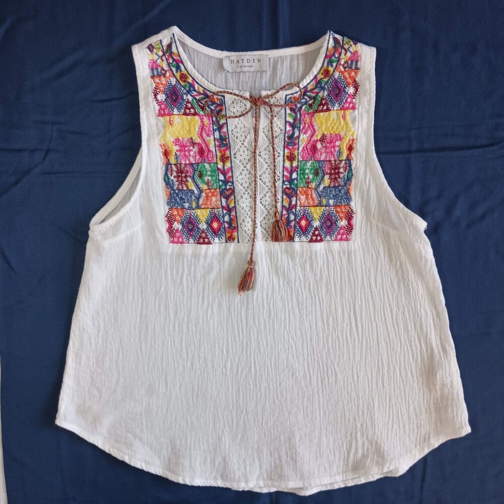 Hayden LA Embroidered Tassel Tie Neck Peasant Top Sleeveless Size S